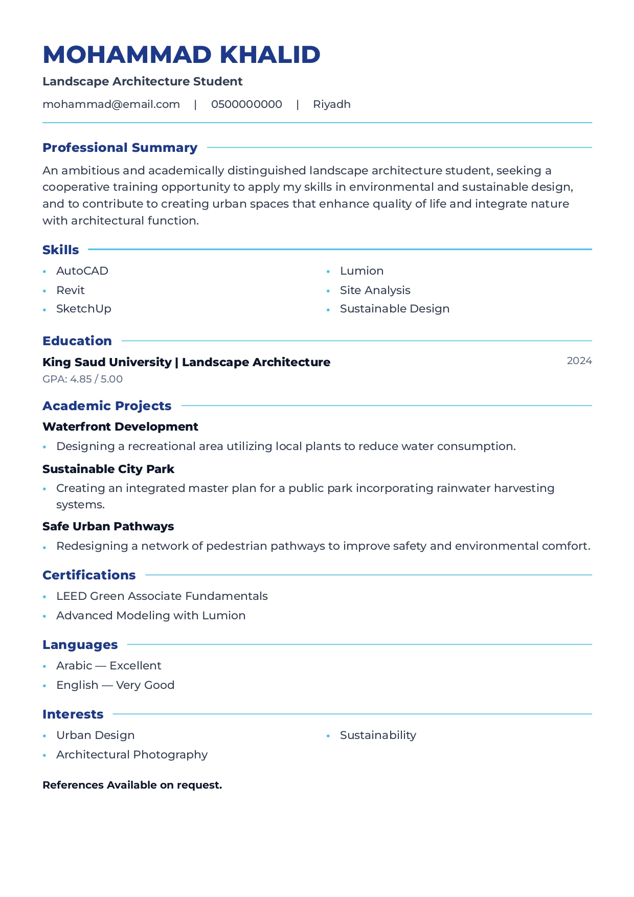 Professional internship CV preview built with CV Builder