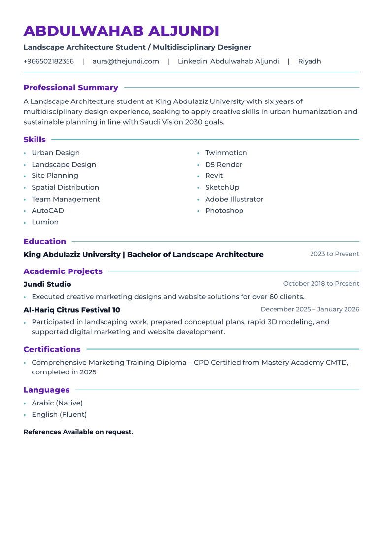 ATS-ready Arabic internship CV sample by CV Builder